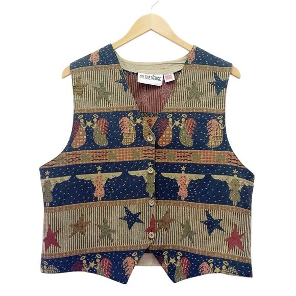 Vintage 90s Tapestry Vest Waistcoat Christmas Folksy Americana Angels Size Large - Picture 11 of 11